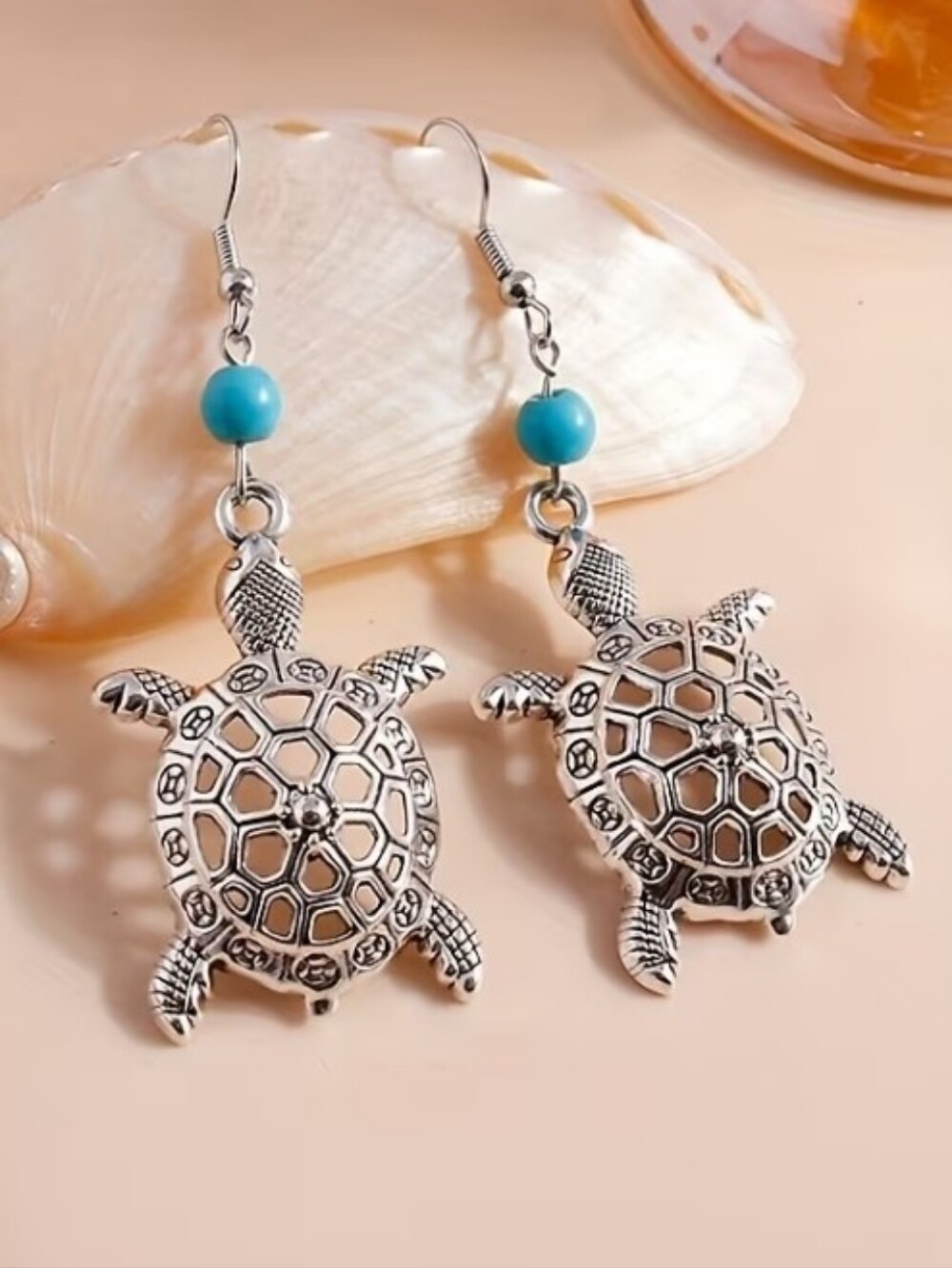 Silver Turtle Drop Earrings with Turquoise Bead
